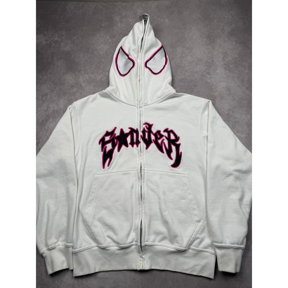 Spider Worldwide Y2K Full Zip Hoodine Face Mask Eyes White Pink Adult S Oversize
